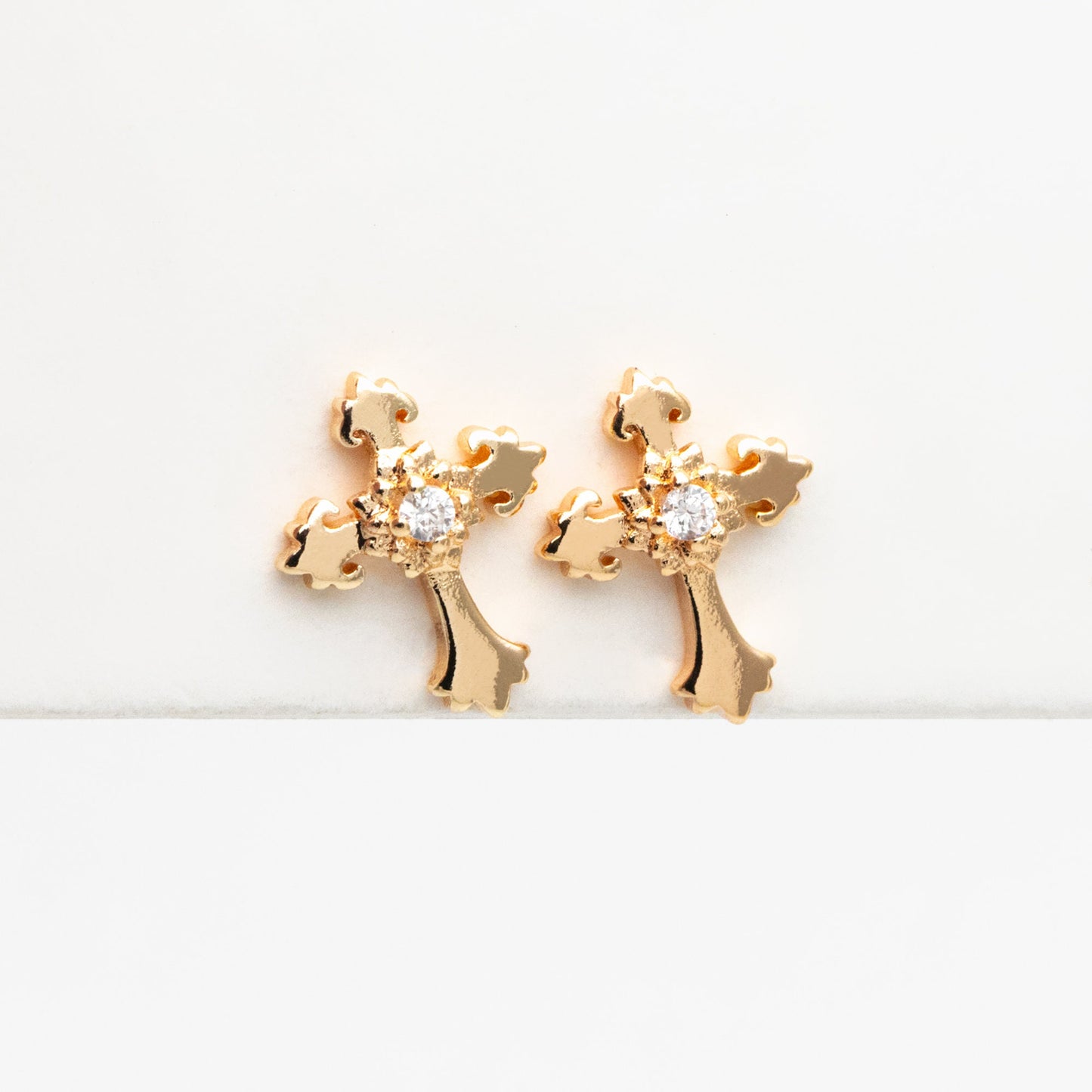 10pcs CZ Pave Gold Cross Earrings 11x9mm, Gold Plated Brass Small Cross Stud Earring (#GB-4232)