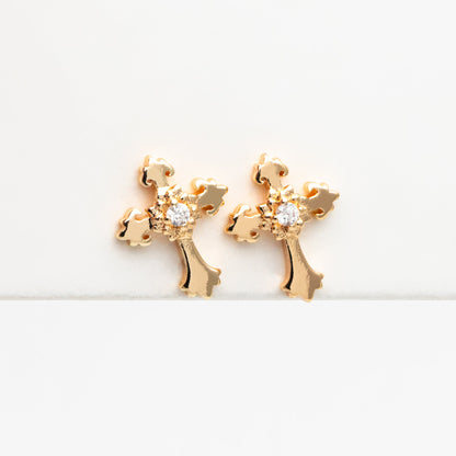 10pcs CZ Pave Gold Cross Earrings 11x9mm, Gold Plated Brass Small Cross Stud Earring (#GB-4232)