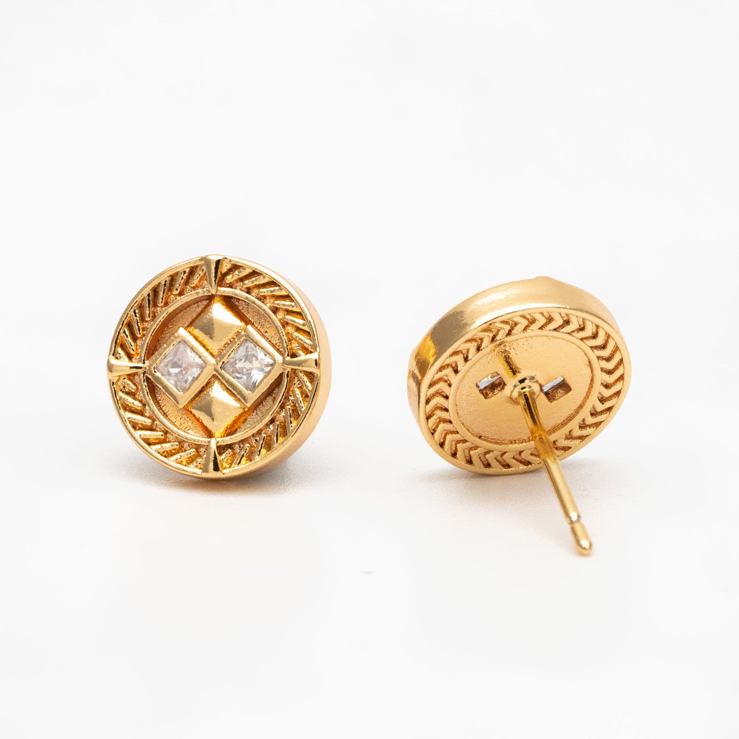4pcs CZ Pave Gold Round Earrings 11mm, Gold Plated Brass Dainty Stud Earrings (GB-4233)