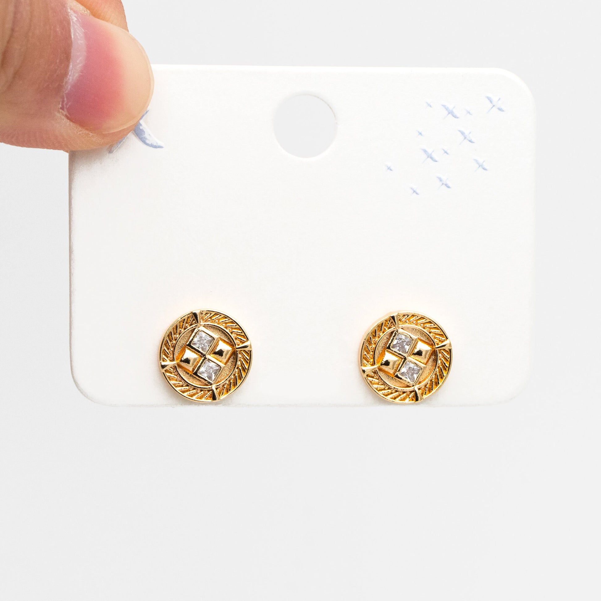 4pcs CZ Pave Gold Round Earrings 11mm, Gold Plated Brass Dainty Stud Earrings (GB-4233)