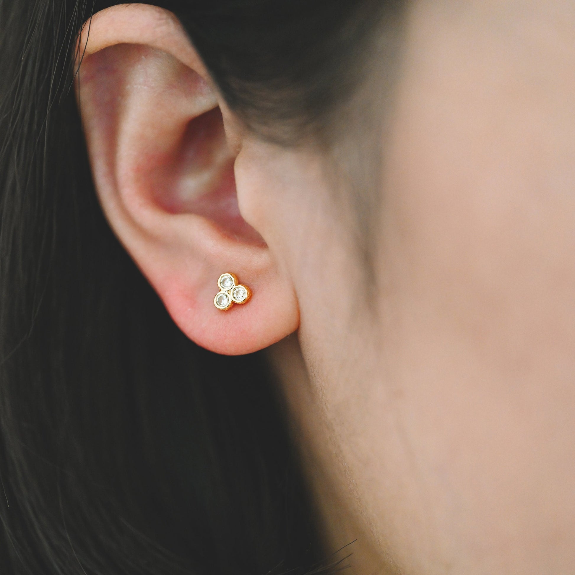 4pcs CZ Pave Three Dot Trio Stud Earring, Gold Plated Brass, Tiny Trinity Dainty Stud Earring (GB-3671)