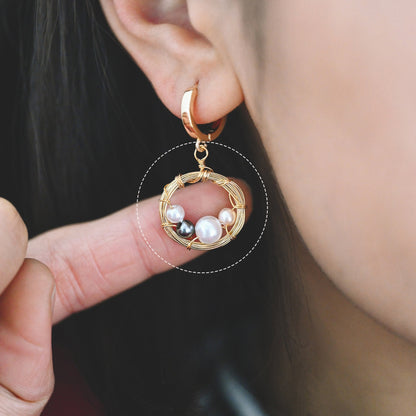 8pcs Gold Wire Wrapped Round Circle Charms 18x24mm, Faux Pearl Beaded Pendants, Geometric Earring Components (GB-562)