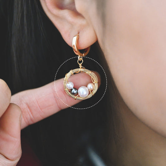 8pcs Gold Wire Wrapped Round Circle Charms 18x24mm, Faux Pearl Beaded Pendants, Geometric Earring Components (GB-562)