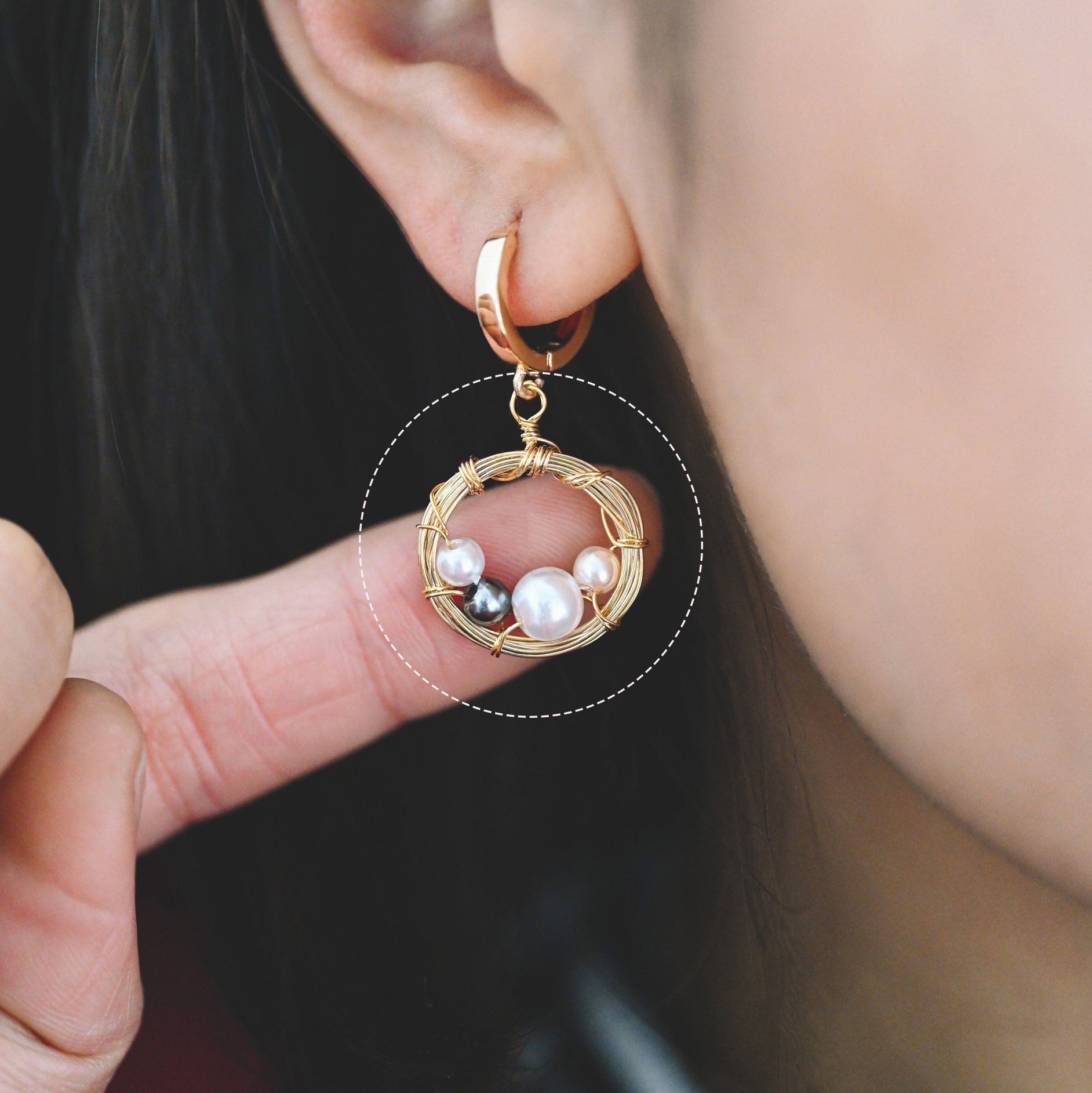 8pcs Gold Wire Wrapped Round Circle Charms 18x24mm, Faux Pearl Beaded Pendants, Geometric Earring Components (GB-562)