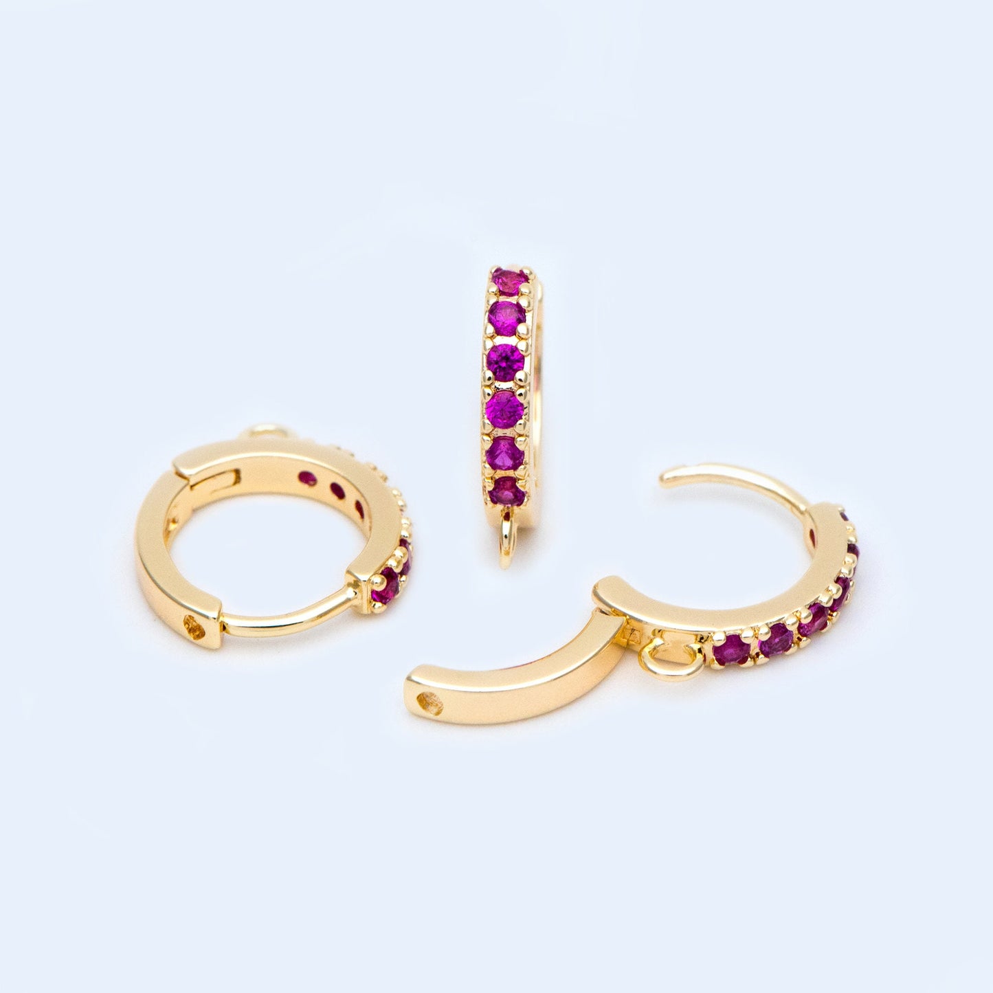 10pcs Black / Hot Pink CZ Pave Round Leverback Ear Hooks 13mm, 18K Gold plated Brass, Earring Component Hooks (GB-569)