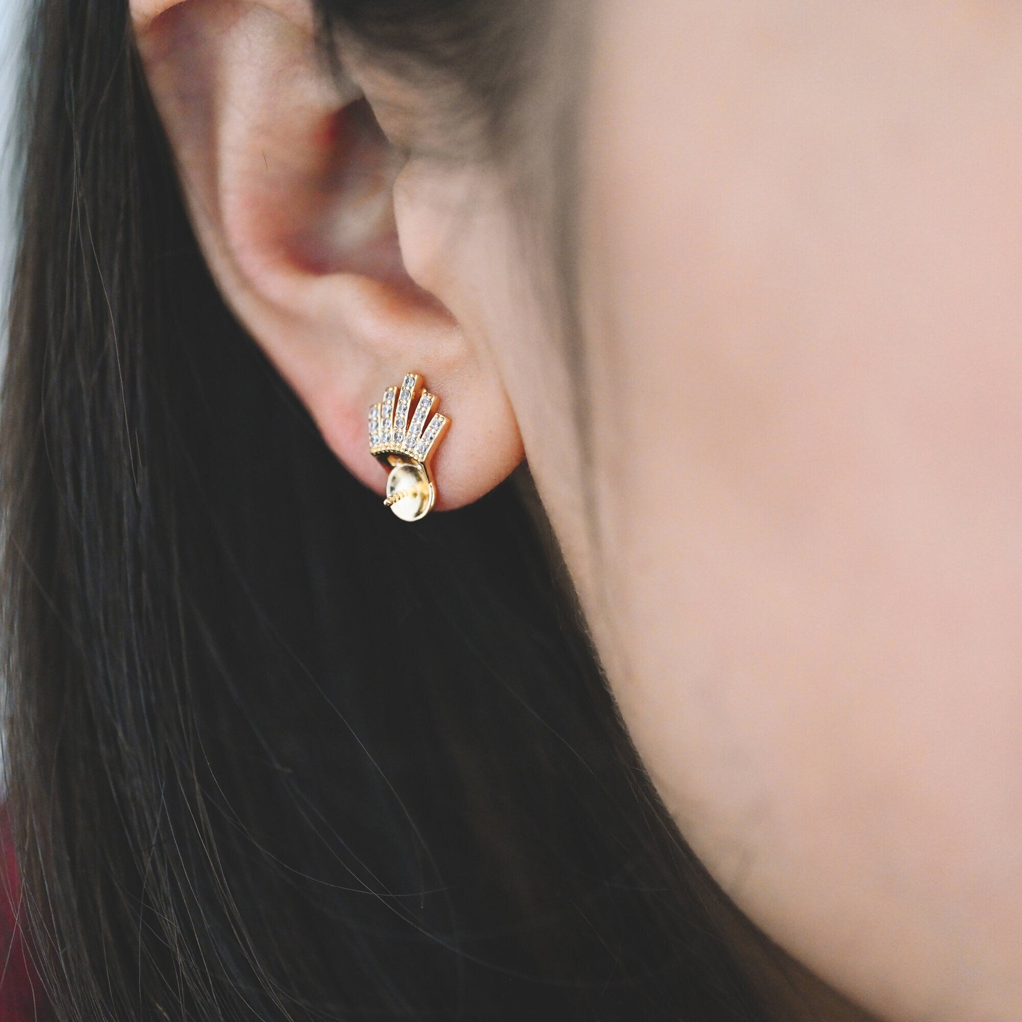 4pcs CZ Pave Gold Ear Posts, Crown Stud Earring, Pearl Peg Mounts, Half Drilled Pearl Settings (#GB-589)