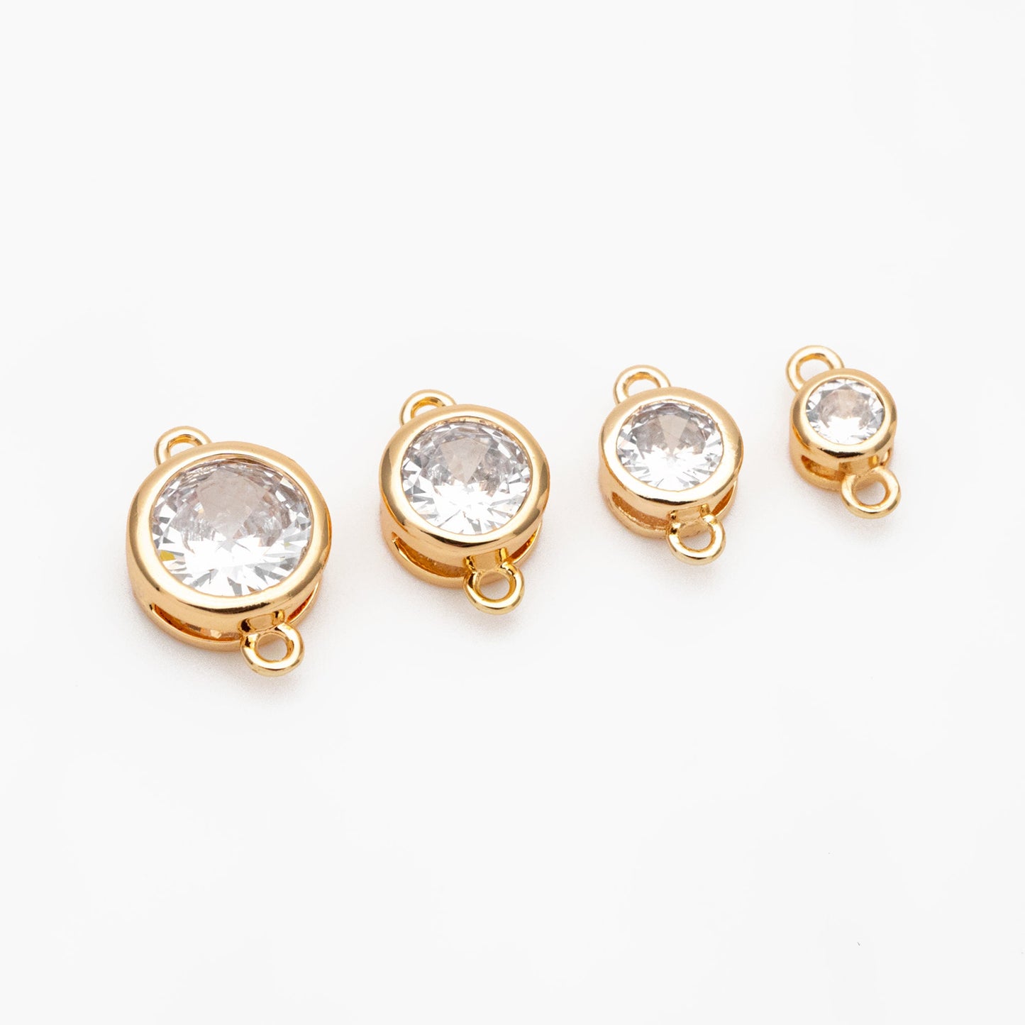10pcs Gold/ Silver Tone Bezel Gemstone Connector 4/ 5/ 6/ 7mm, 18K Gold/ Rhodium plated Brass, Clear CZ Coin Charms (GB-011)