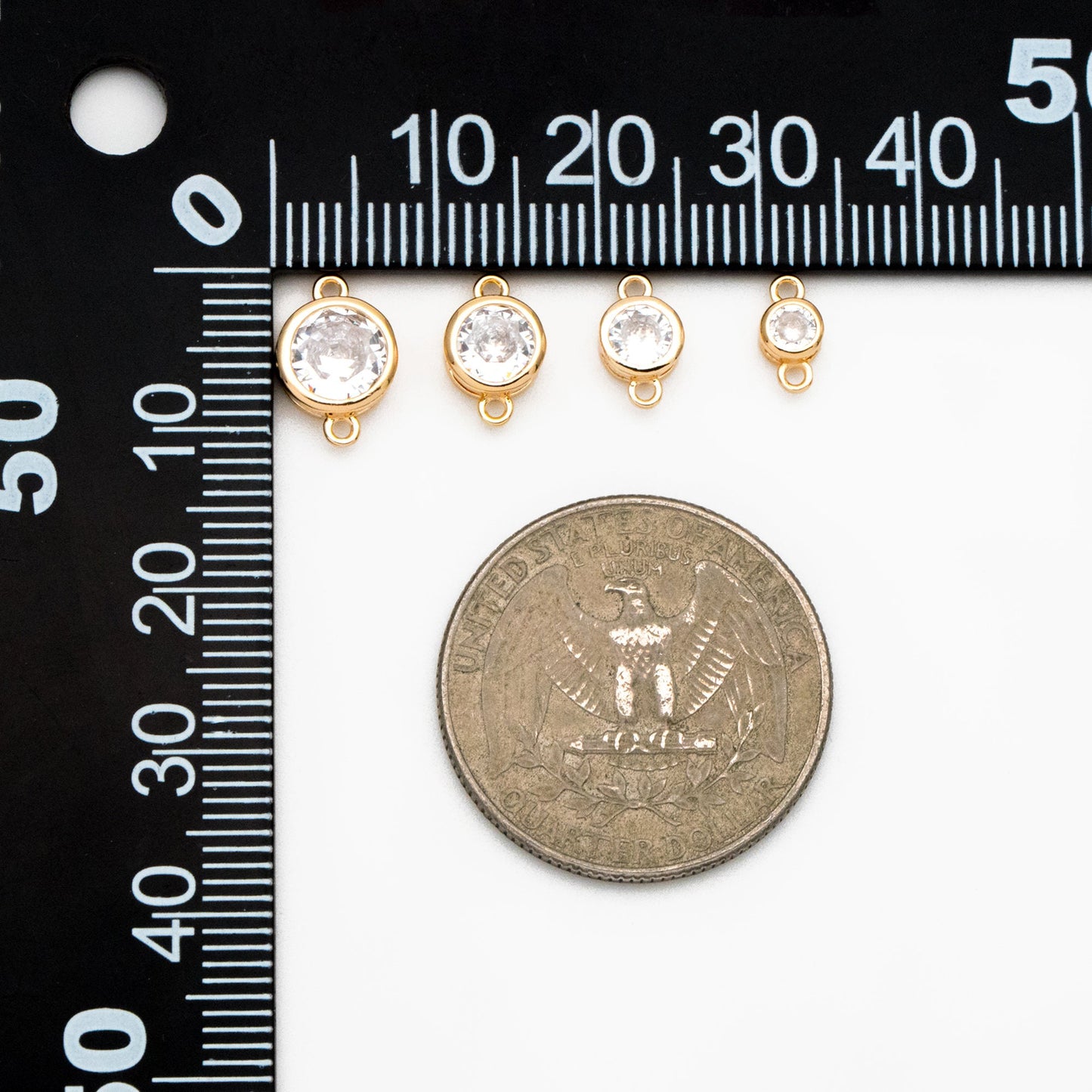 10pcs Gold/ Silver Tone Bezel Gemstone Connector 4/ 5/ 6/ 7mm, 18K Gold/ Rhodium plated Brass, Clear CZ Coin Charms (GB-011)