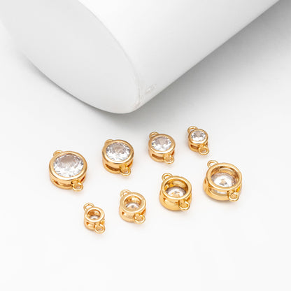 10pcs Gold/ Silver Tone Bezel Gemstone Connector 4/ 5/ 6/ 7mm, 18K Gold/ Rhodium plated Brass, Clear CZ Coin Charms (GB-011)