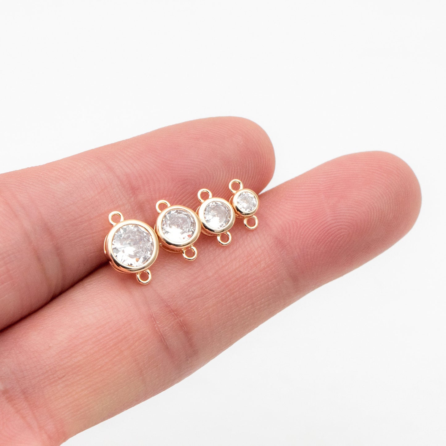 10pcs Gold/ Silver Tone Bezel Gemstone Connector 4/ 5/ 6/ 7mm, 18K Gold/ Rhodium plated Brass, Clear CZ Coin Charms (GB-011)