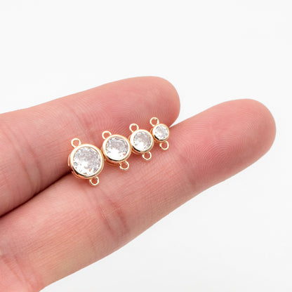10pcs Gold/ Silver Tone Bezel Gemstone Connector 4/ 5/ 6/ 7mm, 18K Gold/ Rhodium plated Brass, Clear CZ Coin Charms (GB-011)