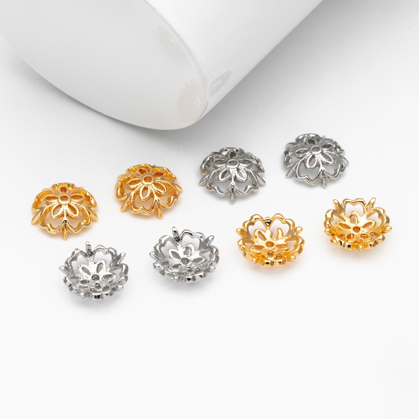 20pcs Gold/ Silver Floral Bead Caps 9mm, Fit 10-12mm Beads, Real Gold/ Rhodium plated Brass, Lead Nickel Free (GB-053)