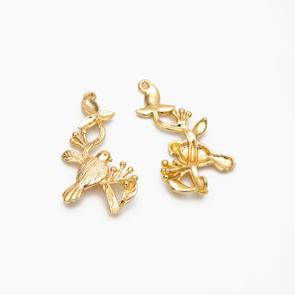 10pcs Bird on Tree connector, Birds Branch with Two Loops, Real Gold plated Brass, Lead Nickel Free (GB-060)