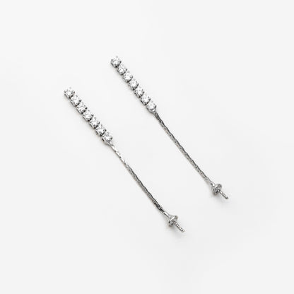 4pcs CZ Pave Gold/ Silver Chain Earring Stud, Pearl Peg Earring Mounts, Chain Stud Earrings with Peg (#GB-2983)