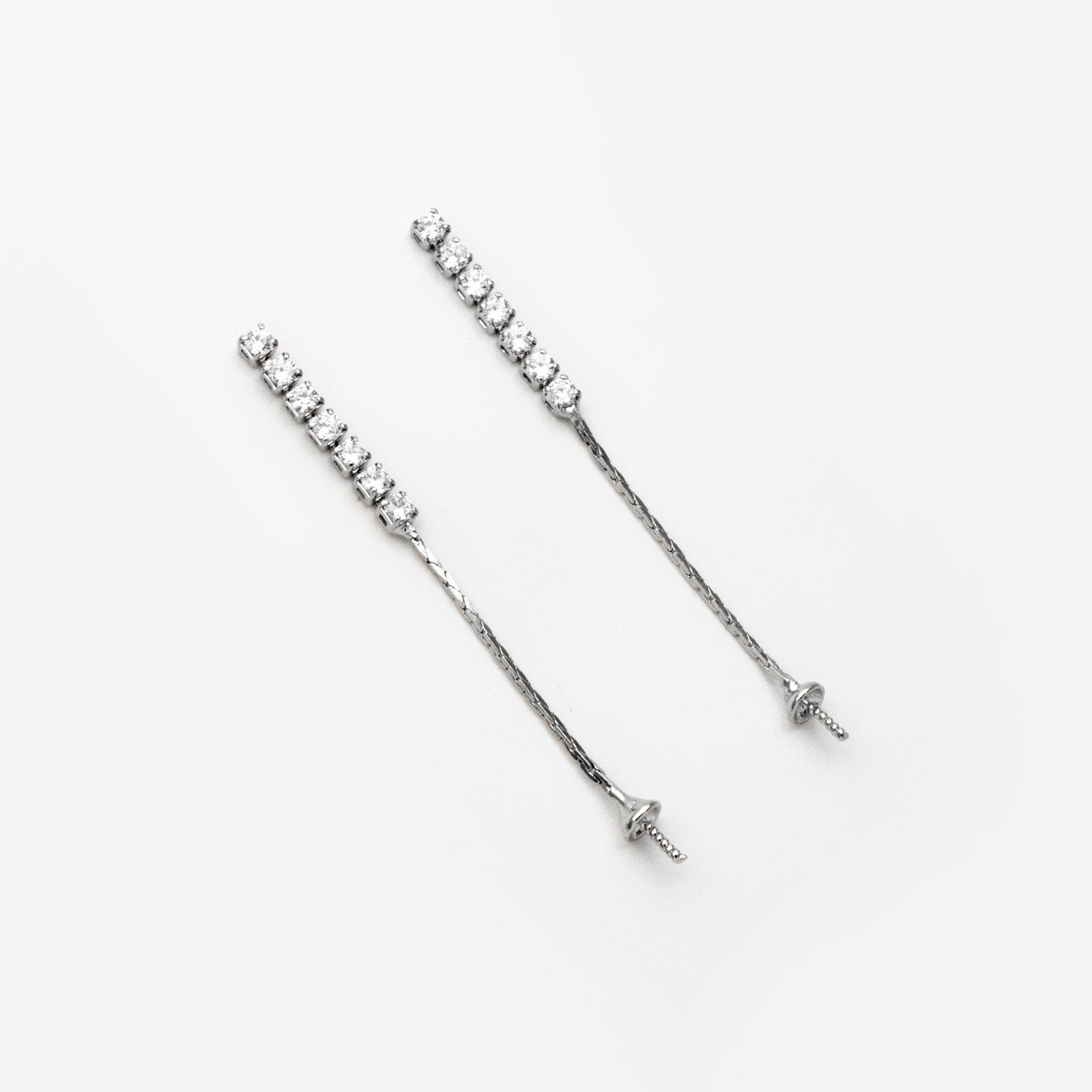 4pcs CZ Pave Gold/ Silver Chain Earring Stud, Pearl Peg Earring Mounts, Chain Stud Earrings with Peg (#GB-2983)