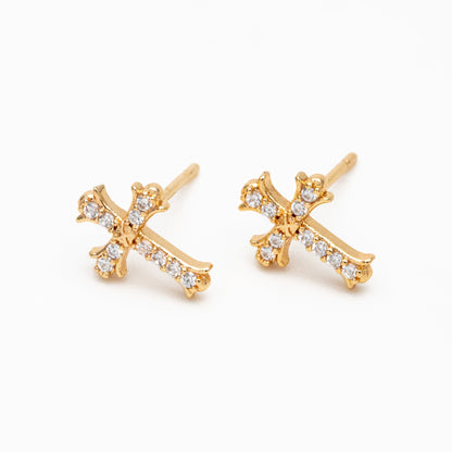 4pcs CZ Pave Gold Cross Earrings 10x8mm, Gold Plated Brass Small Cross Stud Earring (#GB-3637-D)