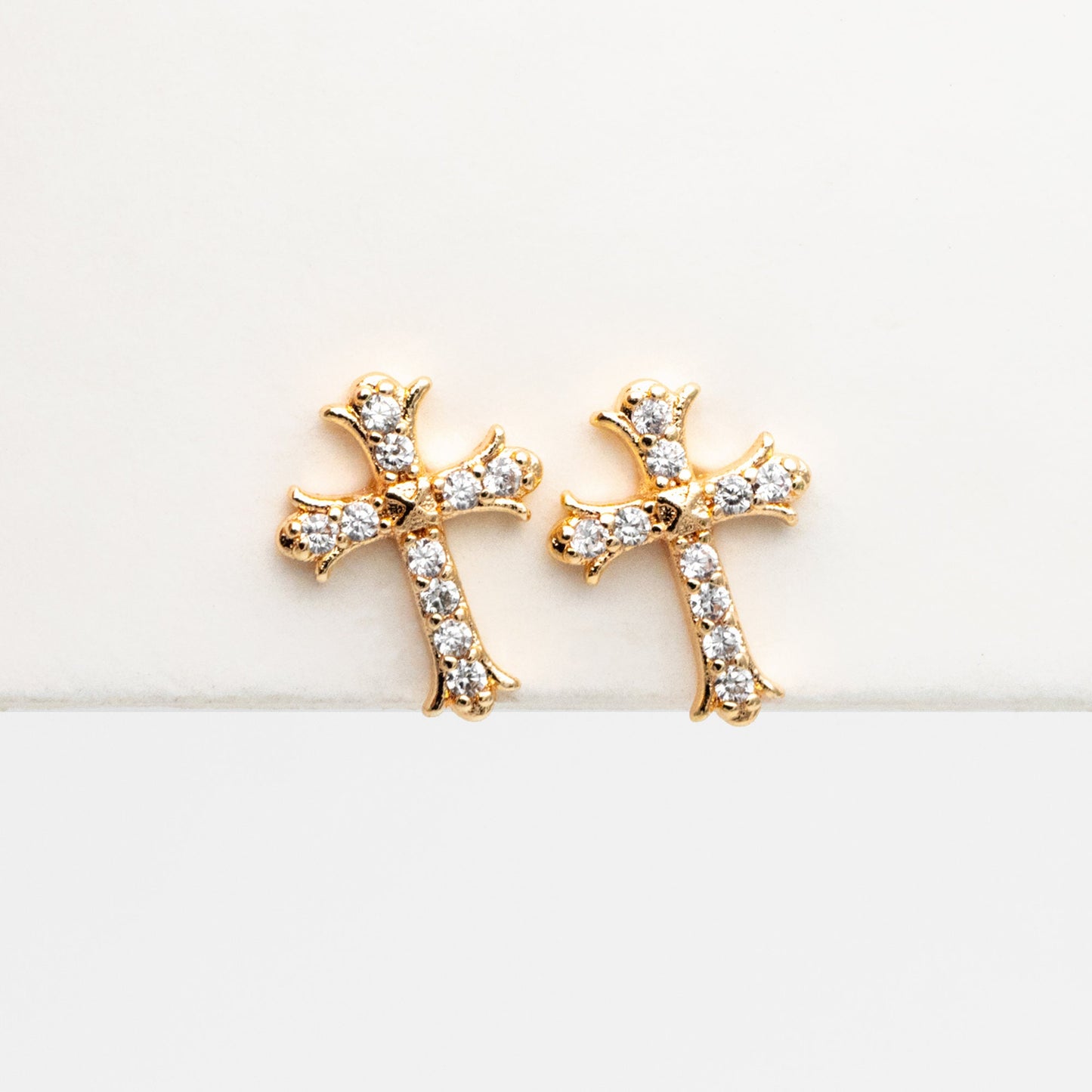 4pcs CZ Pave Gold Cross Earrings 10x8mm, Gold Plated Brass Small Cross Stud Earring (#GB-3637-D)