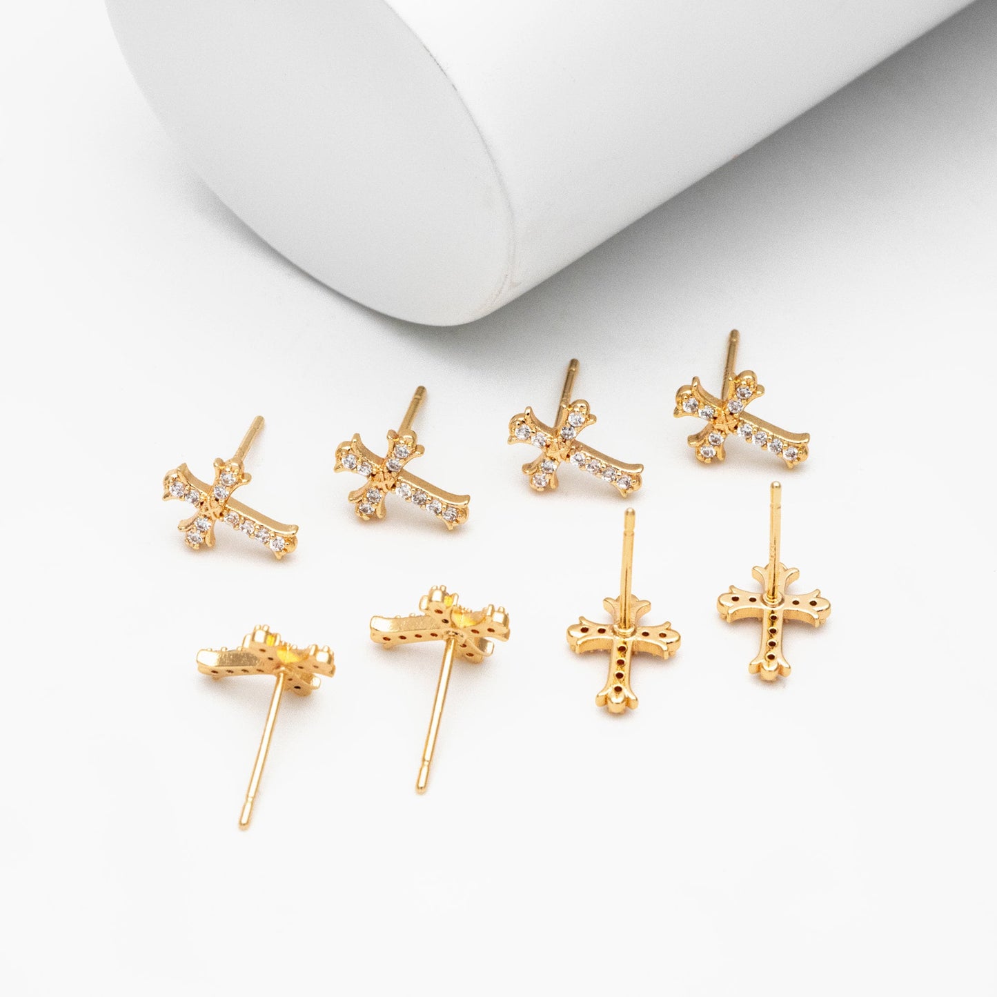 4pcs CZ Pave Gold Cross Earrings 10x8mm, Gold Plated Brass Small Cross Stud Earring (#GB-3637-D)