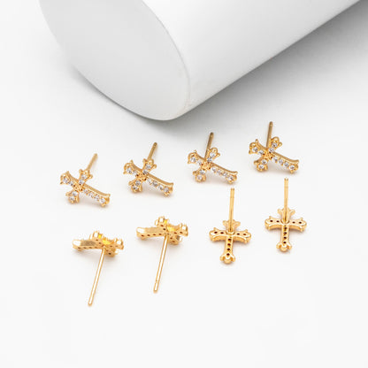 4pcs CZ Pave Gold Cross Earrings 10x8mm, Gold Plated Brass Small Cross Stud Earring (#GB-3637-D)