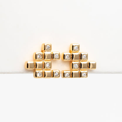 4pcs CZ Pave Gold Puzzle Earrings 10x10mm, Real Gold Plated Brass, Jigsaw Earring Studs (#GB-4238)