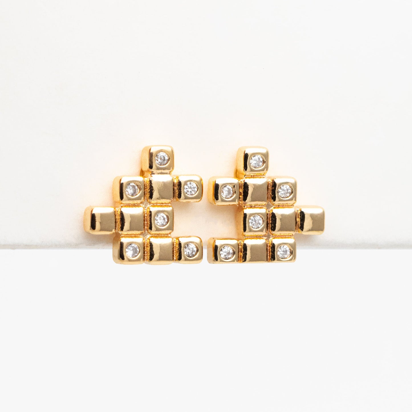 4pcs CZ Pave Gold Puzzle Earrings 10x10mm, Real Gold Plated Brass, Jigsaw Earring Studs (#GB-4238)
