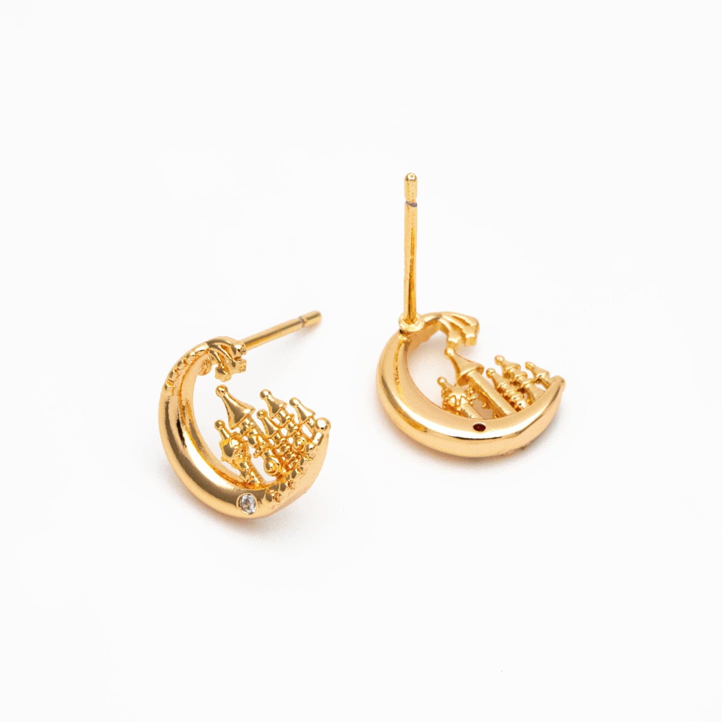 10pcs CZ Pave Gold Moon Castle Earrings 10mm, Real Gold Plated Brass Celestial Stud Earrings (#GB-4239)