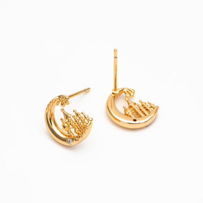 10pcs CZ Pave Gold Moon Castle Earrings 10mm, Real Gold Plated Brass Celestial Stud Earrings (#GB-4239)