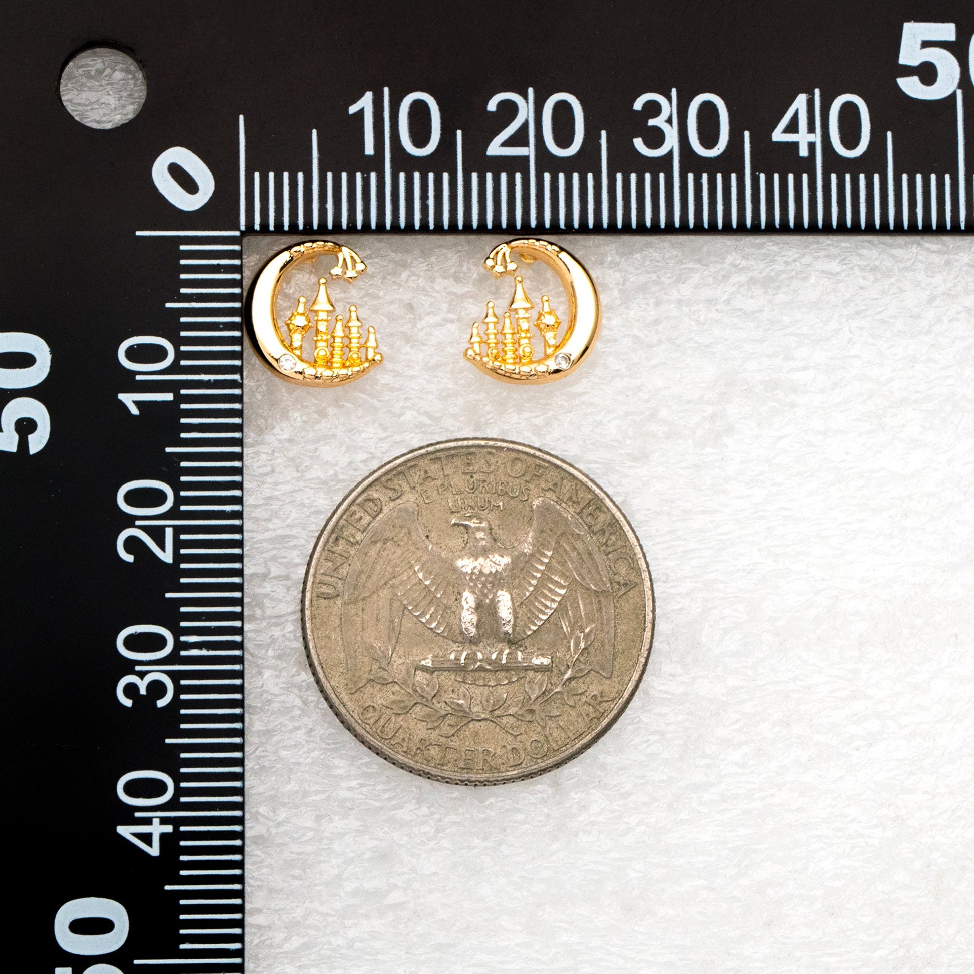 10pcs CZ Pave Gold Moon Castle Earrings 10mm, Real Gold Plated Brass Celestial Stud Earrings (#GB-4239)