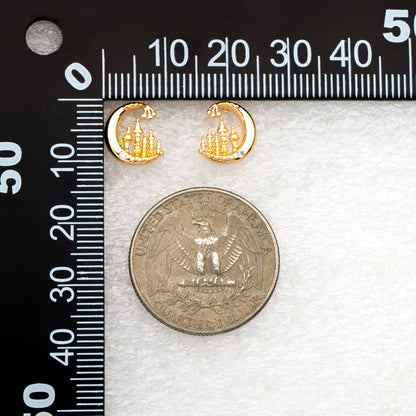 10pcs CZ Pave Gold Moon Castle Earrings 10mm, Real Gold Plated Brass Celestial Stud Earrings (#GB-4239)