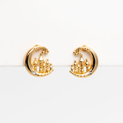 10pcs CZ Pave Gold Moon Castle Earrings 10mm, Real Gold Plated Brass Celestial Stud Earrings (#GB-4239)