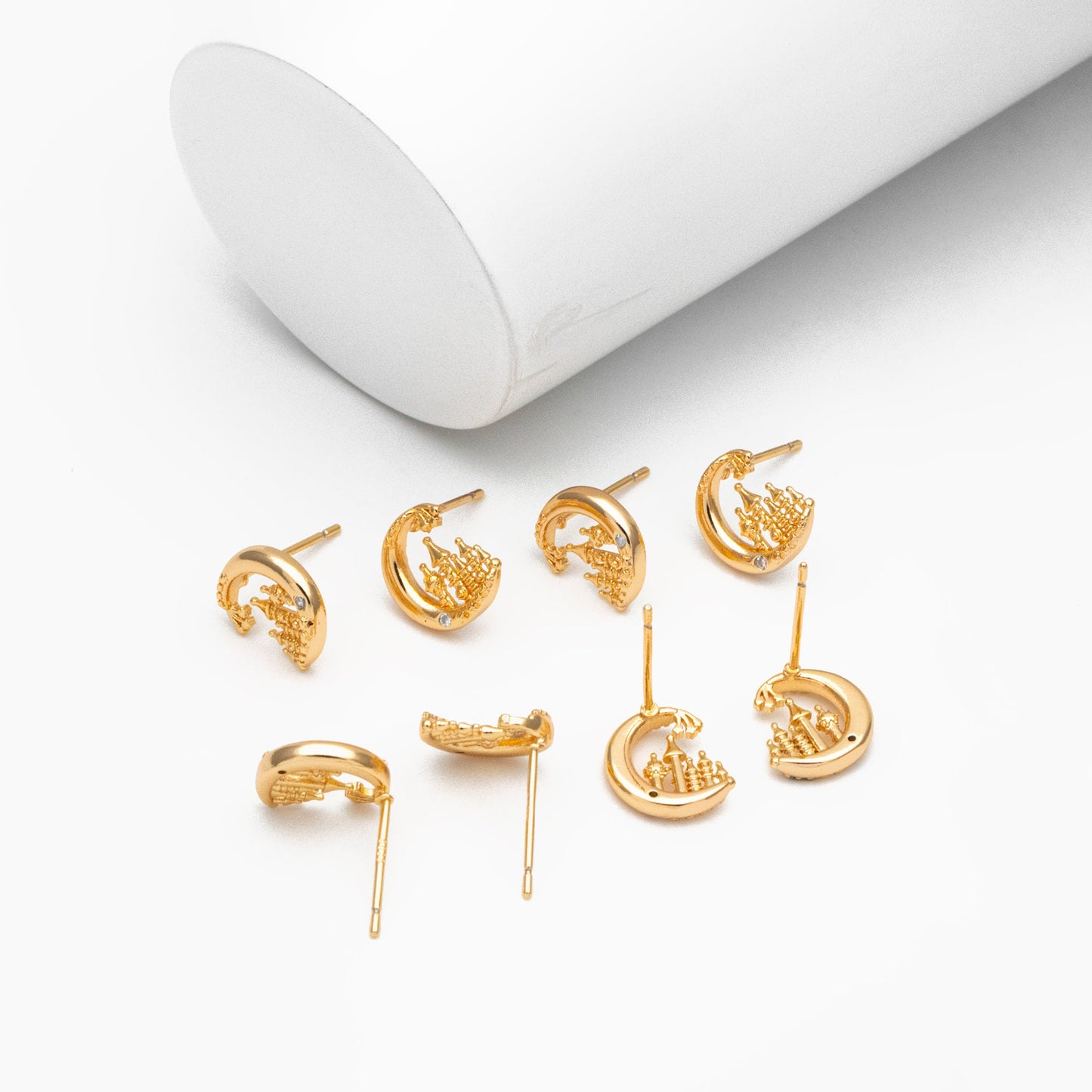 10pcs CZ Pave Gold Moon Castle Earrings 10mm, Real Gold Plated Brass Celestial Stud Earrings (#GB-4239)