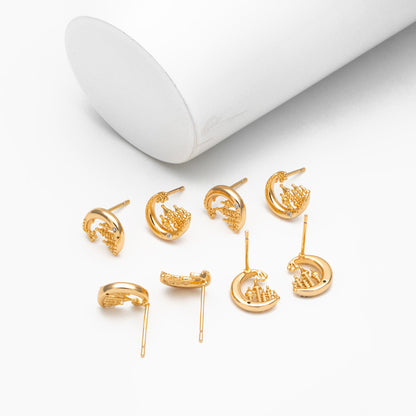 10pcs CZ Pave Gold Moon Castle Earrings 10mm, Real Gold Plated Brass Celestial Stud Earrings (#GB-4239)