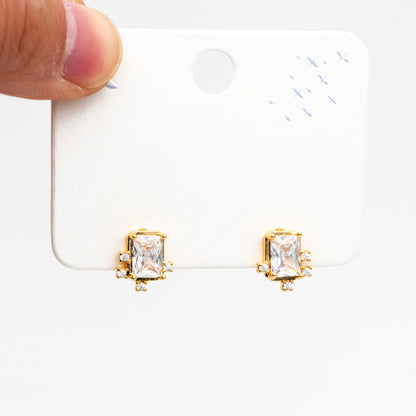 4pcs CZ Pave Rectangle Earrings, 11x10mm, Real Gold Plated Brass, Dainty Geometric Earring Studs (#GB-4241)