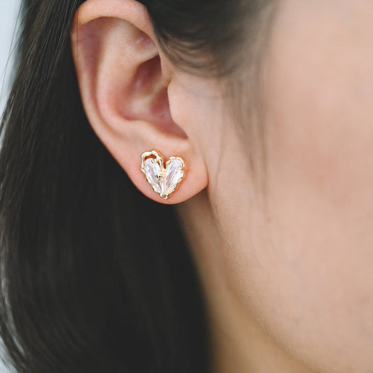 4pcs CZ Pave Heart Ear Posts, Gold Plated Brass Stud Earrings, Jewelry Findings, Jewelry Making (GB-3571)