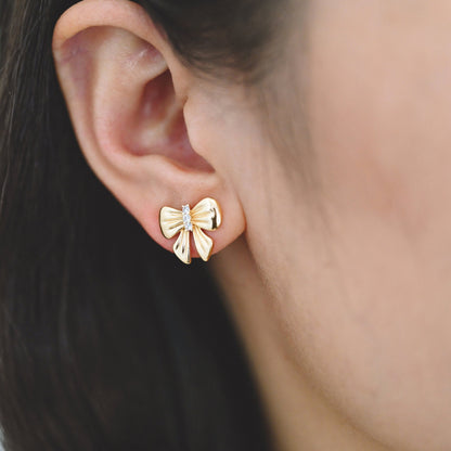 4pcs CZ Pave Gold Bowknot Earrings, 18K Real Gold plated Brass, Bow Knot Stud Earring (GB-4228)