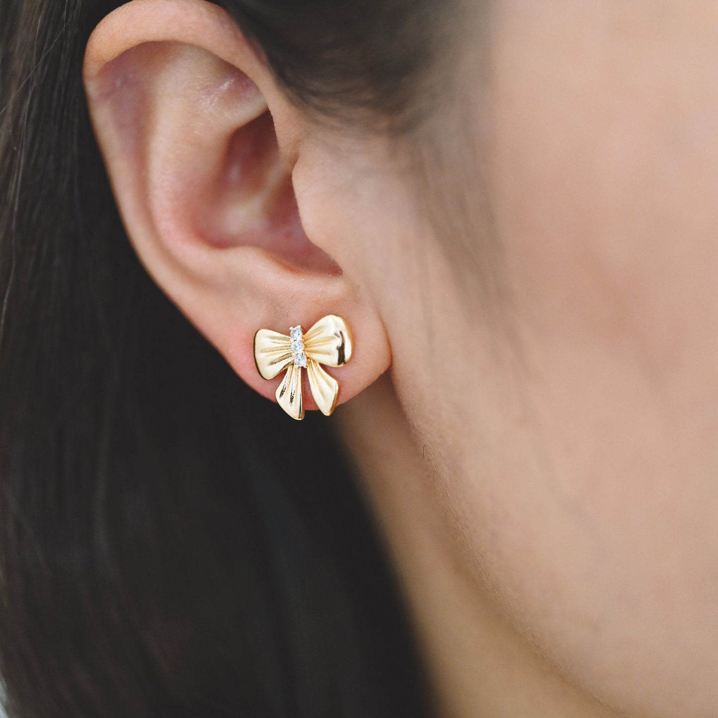 4pcs CZ Pave Gold Bowknot Earrings, 18K Real Gold plated Brass, Bow Knot Stud Earring (GB-4228)