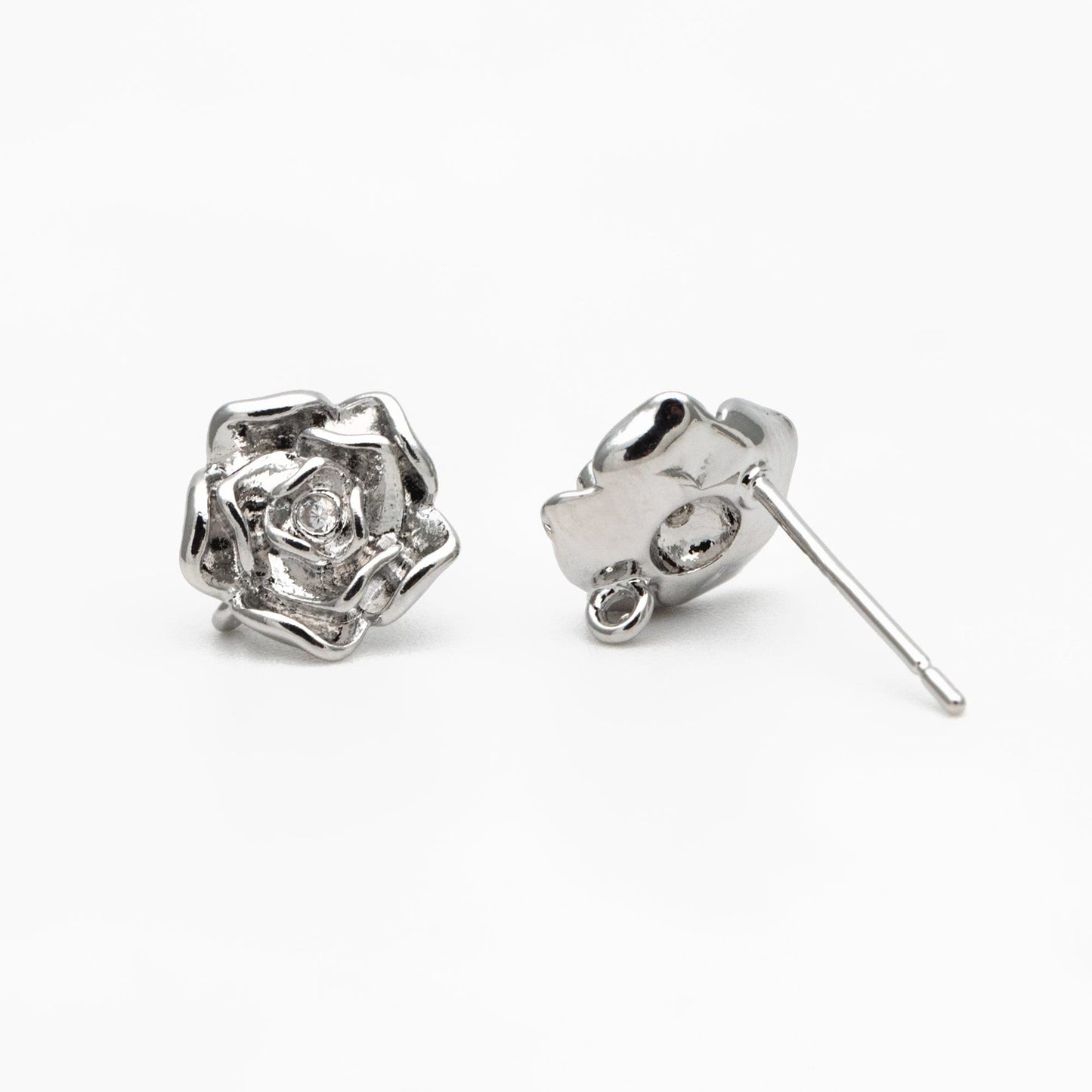 10pcs CZ Pave Gold/ Silver Rose Ear Post with Loop, 9mm, Gold/ Rhodium Plated Brass Flower Stud Earrings, DIY Ear Findings (GB-3743)