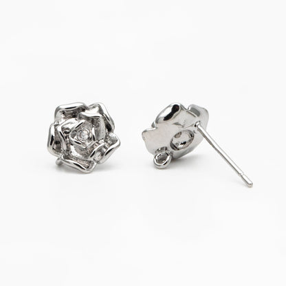 10pcs CZ Pave Gold/ Silver Rose Ear Post with Loop, 9mm, Gold/ Rhodium Plated Brass Flower Stud Earrings, DIY Ear Findings (GB-3743)