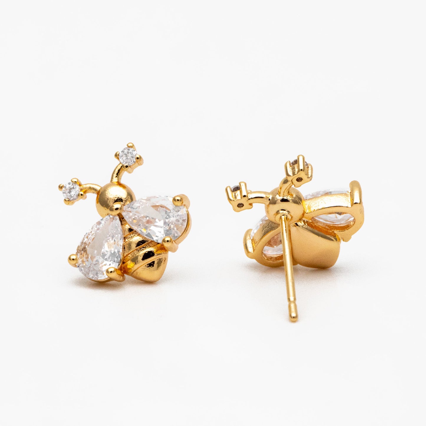 4pcs CZ pave Gold Bee Earrings 12mm, Real Gold Plated Brass Stud Earrings (GB-4243)