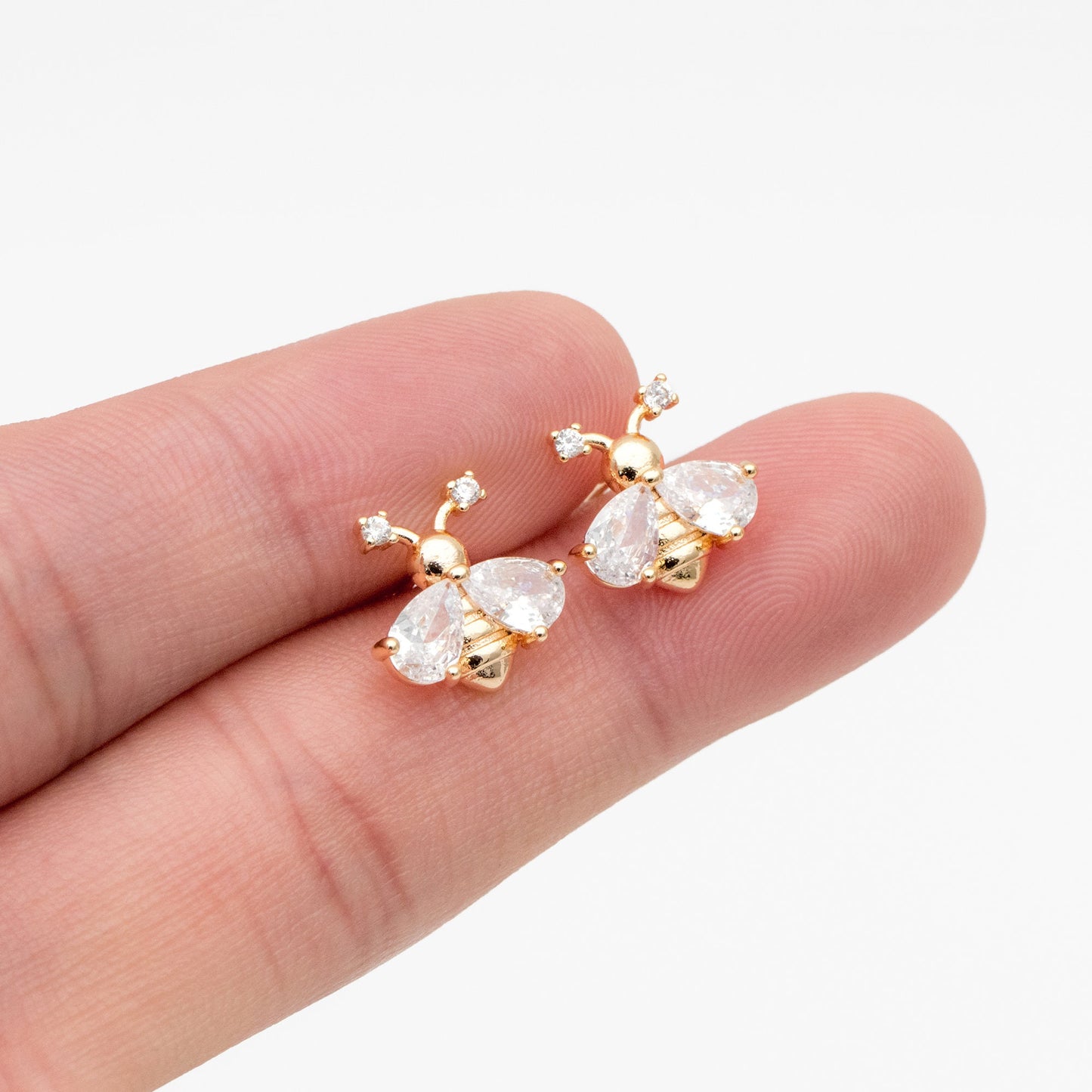 4pcs CZ pave Gold Bee Earrings 12mm, Real Gold Plated Brass Stud Earrings (GB-4243)