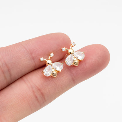 4pcs CZ pave Gold Bee Earrings 12mm, Real Gold Plated Brass Stud Earrings (GB-4243)