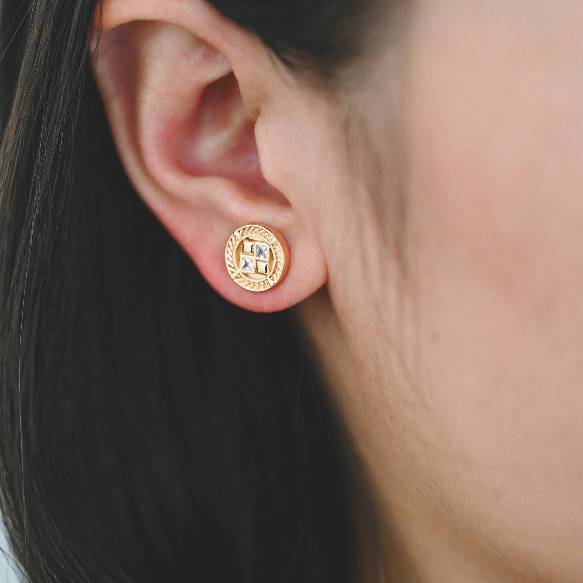 4pcs CZ Pave Gold Round Earrings 11mm, Gold Plated Brass Dainty Stud Earrings (GB-4233)