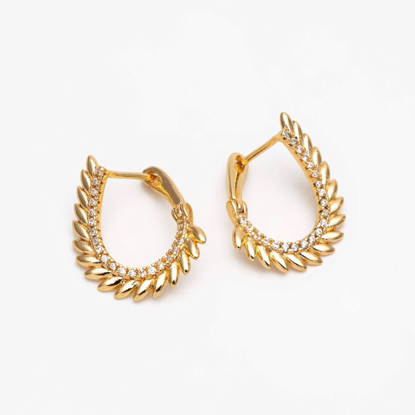 4pcs CZ Pave Gold Feather Earrings, 18K Gold plated Brass, Dainty Click-in Earrings (GB-4229)