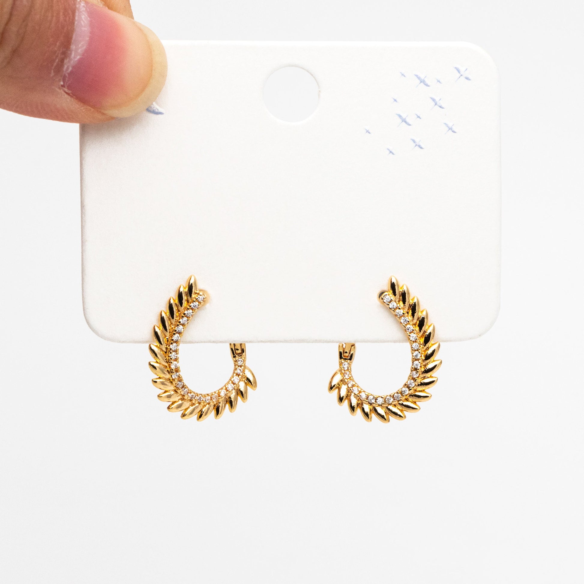 4pcs CZ Pave Gold Feather Earrings, 18K Gold plated Brass, Dainty Click-in Earrings (GB-4229)