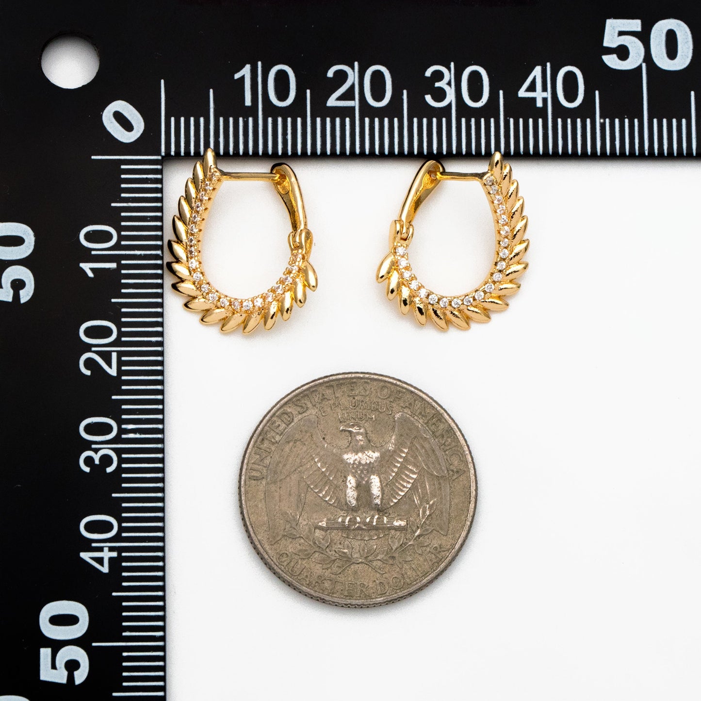 4pcs CZ Pave Gold Feather Earrings, 18K Gold plated Brass, Dainty Click-in Earrings (GB-4229)