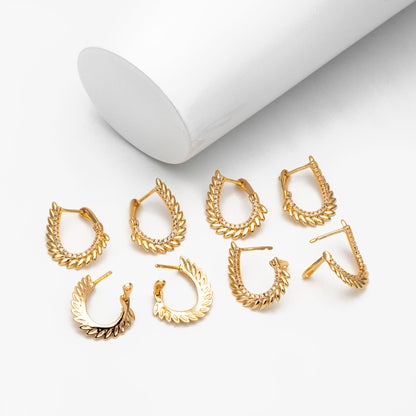 4pcs CZ Pave Gold Feather Earrings, 18K Gold plated Brass, Dainty Click-in Earrings (GB-4229)