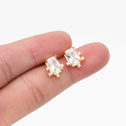 4pcs CZ Pave Rectangle Earrings, 11x10mm, Real Gold Plated Brass, Dainty Geometric Earring Studs (#GB-4241)
