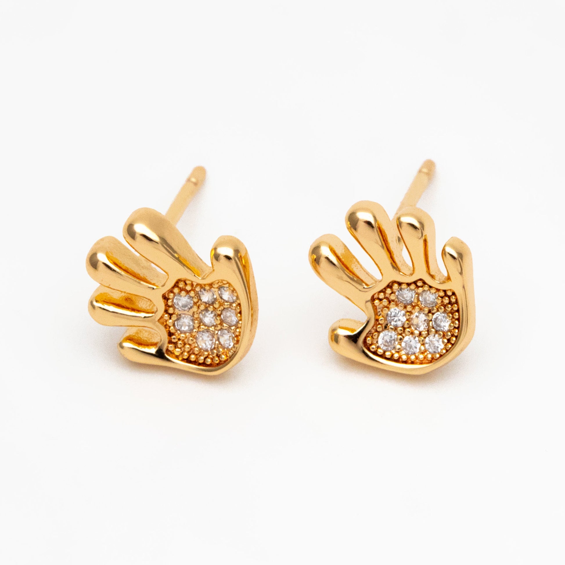 10pcs CZ Pave Gold Hand Earrings 9mm, Gold Plated Brass, Dainty Gesture Stud Earrings (GB-4248)