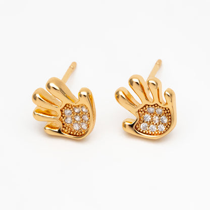 10pcs CZ Pave Gold Hand Earrings 9mm, Gold Plated Brass, Dainty Gesture Stud Earrings (GB-4248)
