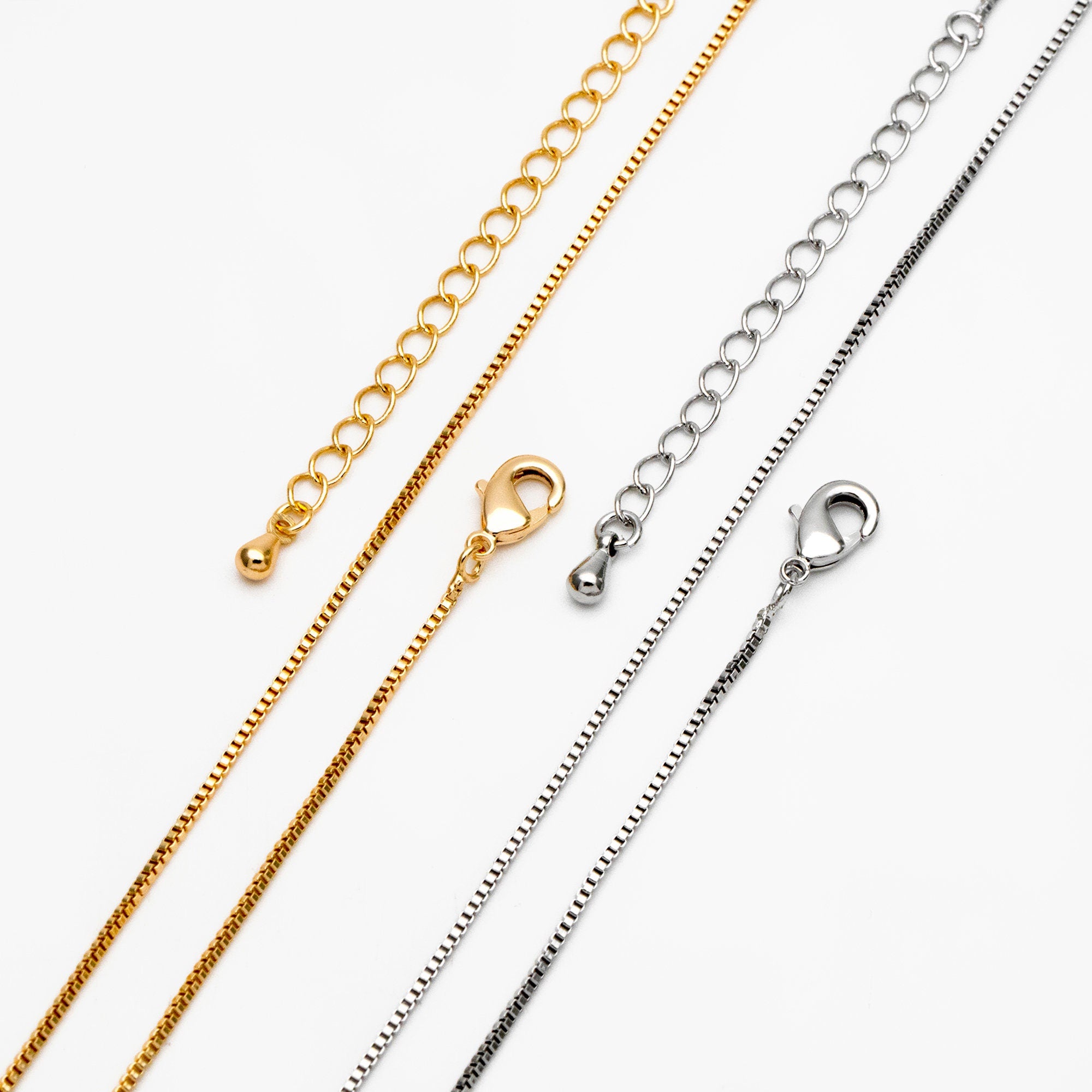 1pc Gold/ Rhodium plated Brass Box Chains 1mm, Finished Dainty Necklace with Extender Chain, 14-20 inch Ready to Wear (#LK-313)